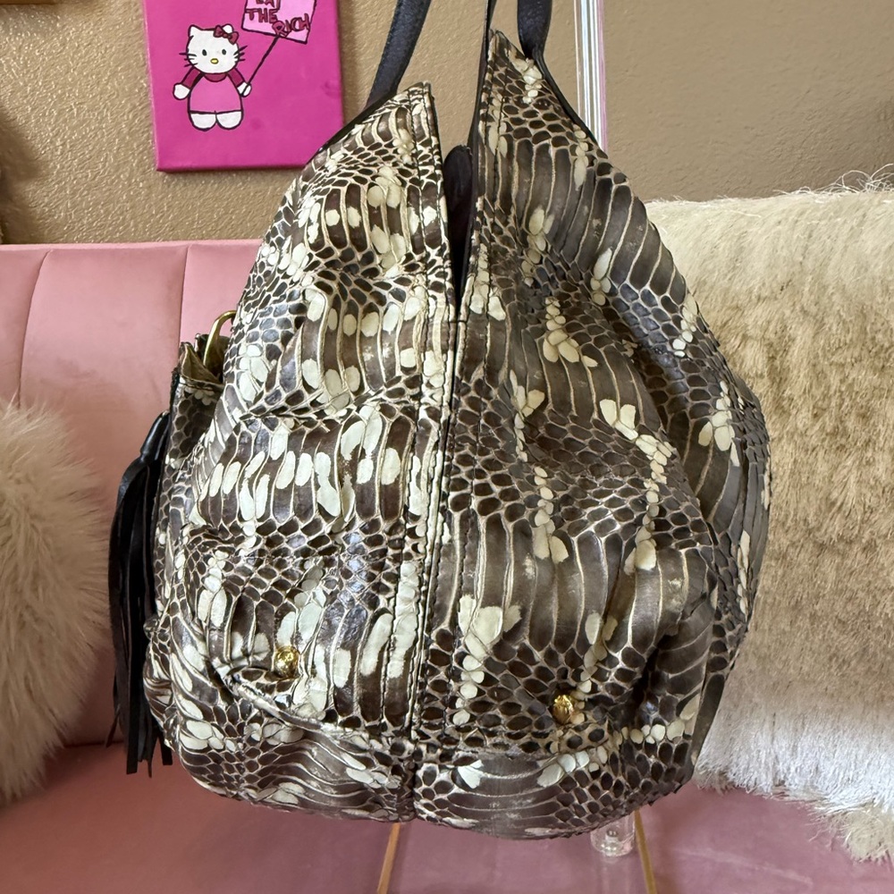 💯 Auth FURLA Snakeskin Leather Hobo Shoulder Bag w Brown Leather & Large Tassle - Picture 3 of 16